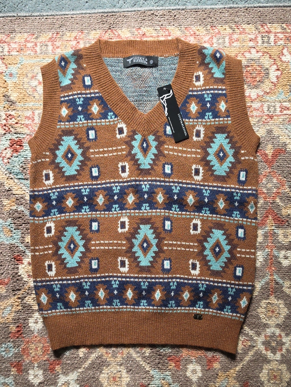 Lucky Brand Brown V-Neck Sweater Vest Turquoise & Navy Aztec Womens Medium 1